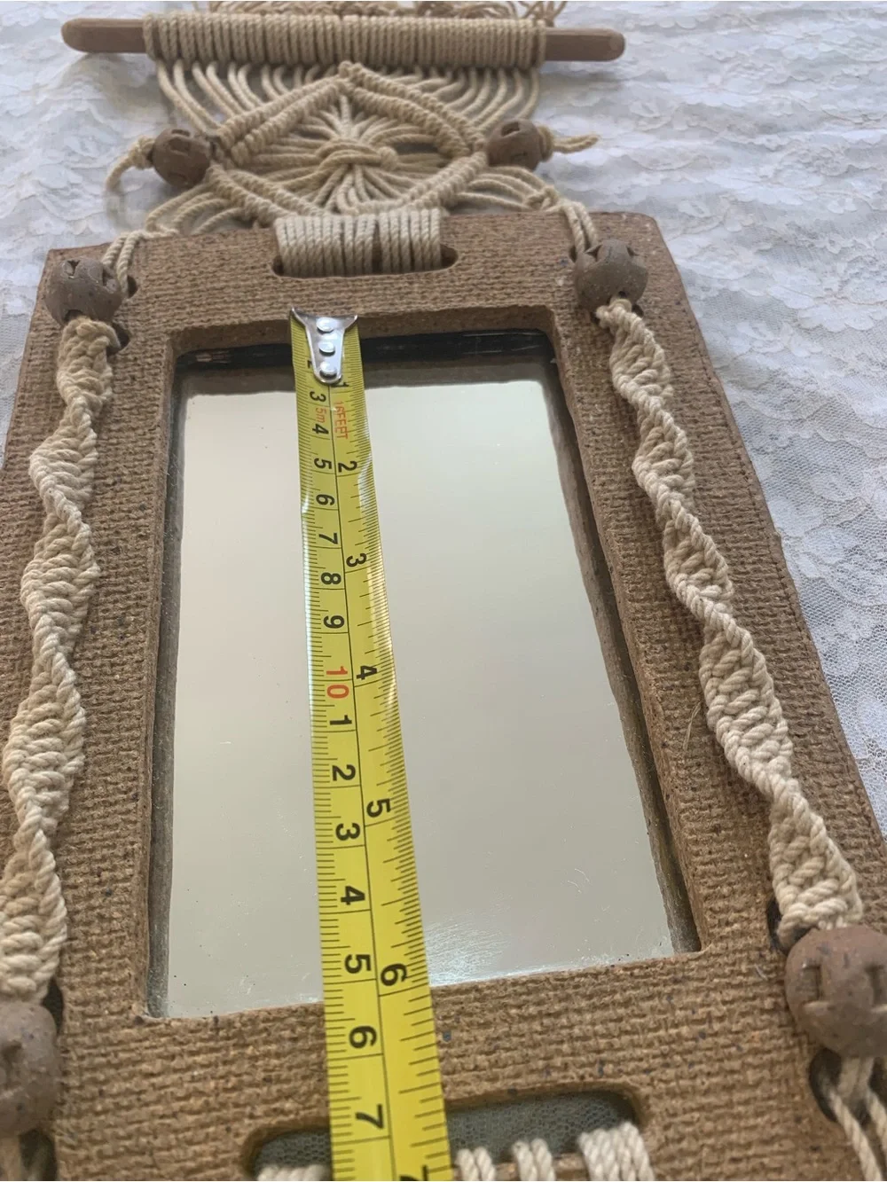 Vintage Boho Macrame Mirror Wall Hanging Textured Craft Frame & Tassels Decor